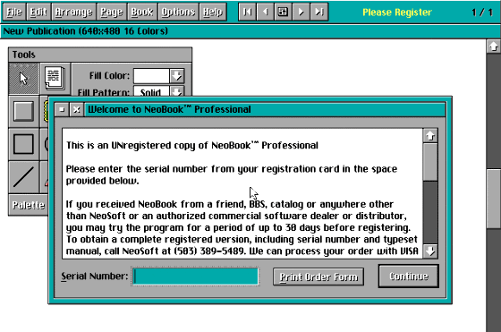 NeoBook shareware interface from the early Windows era