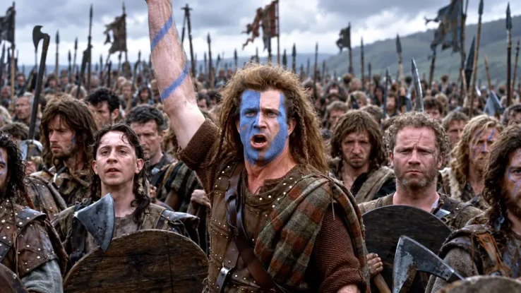 A blue-painted Scottish warrior raises his arm to hold back his army before battle, evoking Braveheart’s “not yet” scene.